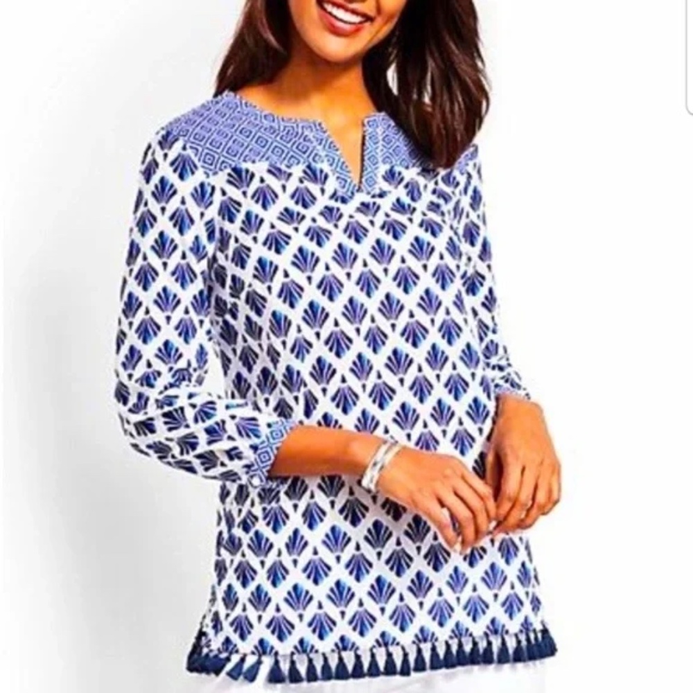 Talbots Painted Fan Tassel Hem Fringe Cotton Tunic Top M Coastal Beach Vacation